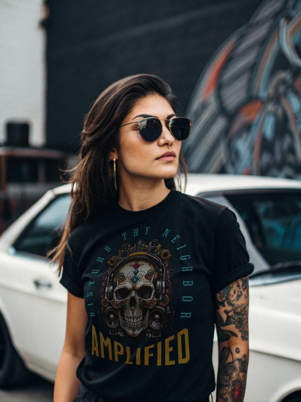 aamplified skull graphic t-shirt for music lovers - "disturb thy neighbor"