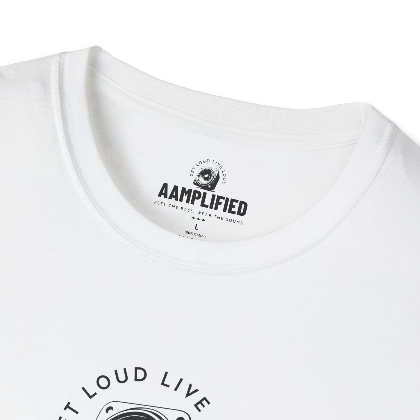 aamplified music unisex softstyle t-shirt - feel the bass, wear the sound