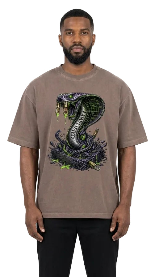 Man wearing a brown t-shirt with a snake graphic on a white background