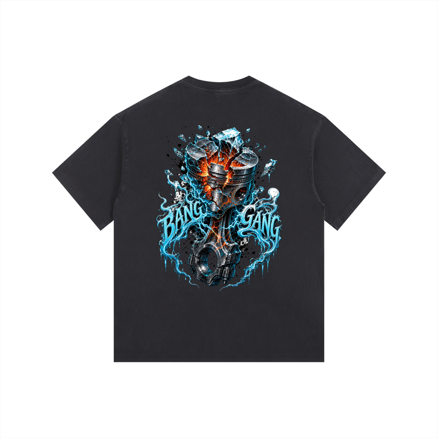 Black t-shirt with a graphic design featuring a skull and 'Bang Gang' text on a white background