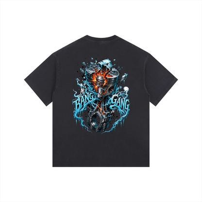 Black t-shirt with a graphic design featuring a skull and 'Bang Gang' text on a white background