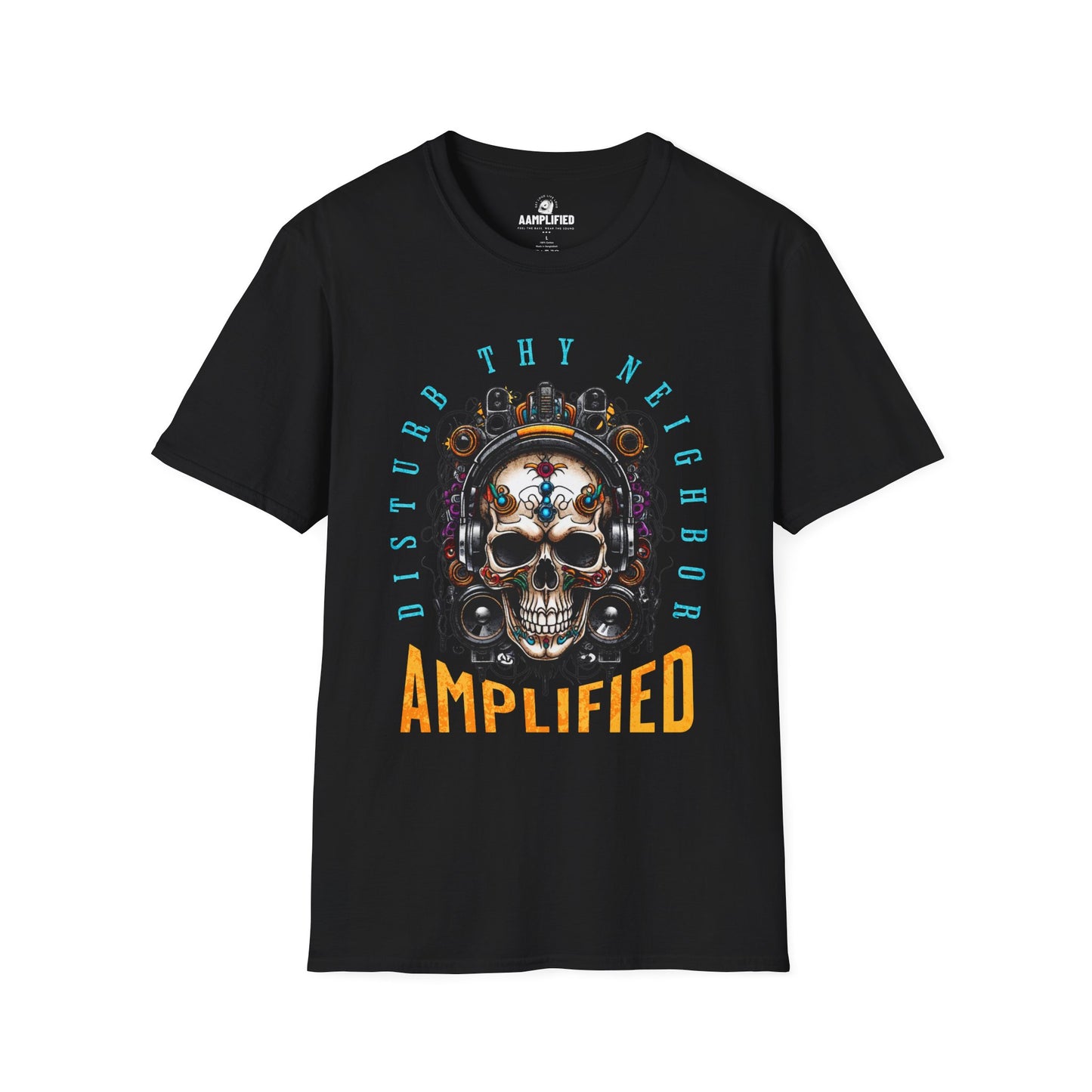 aamplified skull graphic t-shirt for music lovers - "disturb thy neighbor"