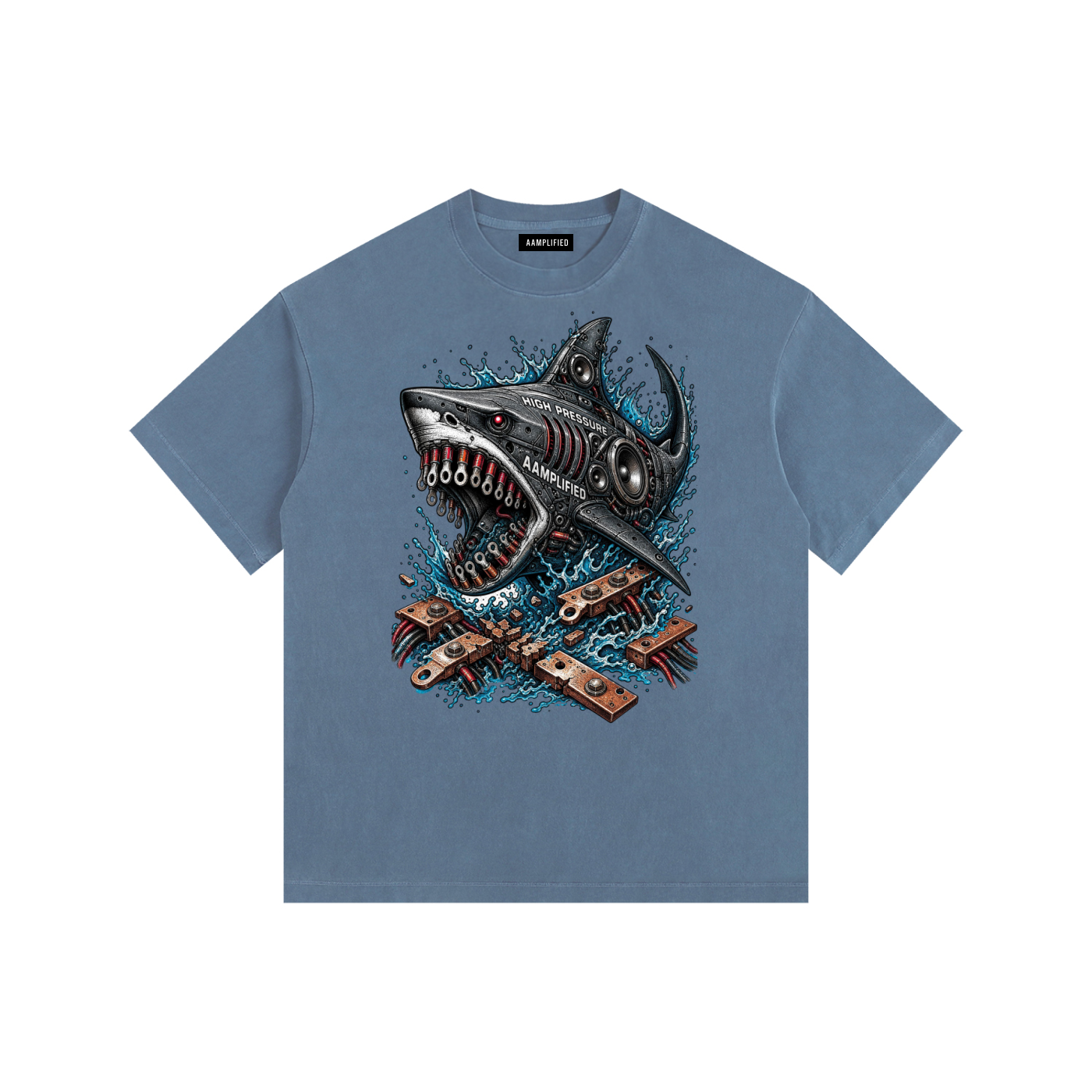 Blue t-shirt with a shark graphic design on a white background