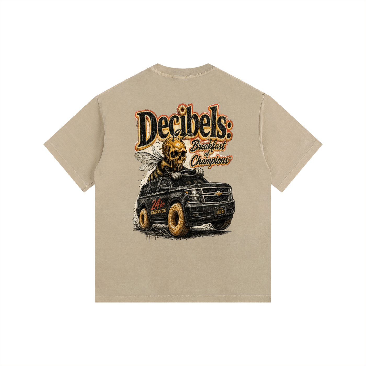 Beige t-shirt with a graphic of a car and 'Decibels' text on a white background