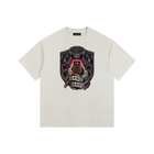 White t-shirt with a colorful graphic design on a white background