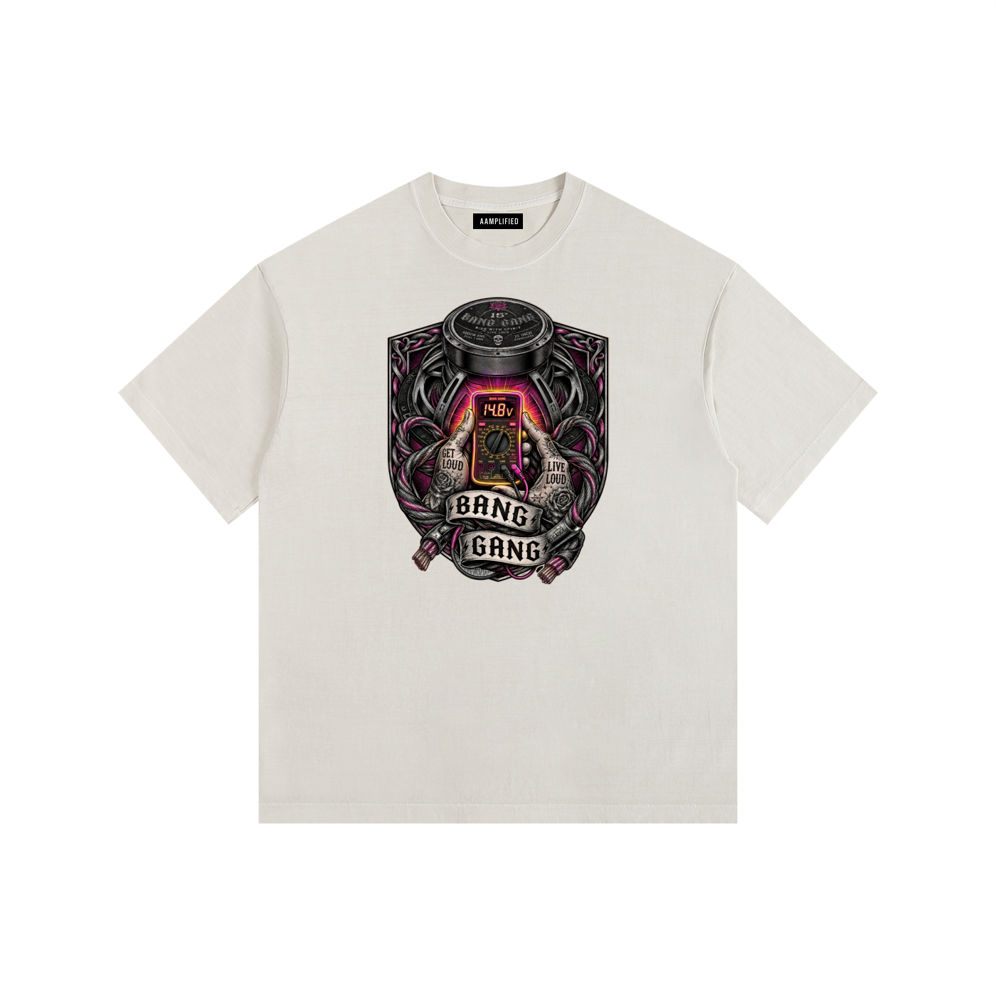 White t-shirt with a colorful graphic design on a white background
