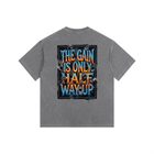 Gray t-shirt with colorful text design on a white background