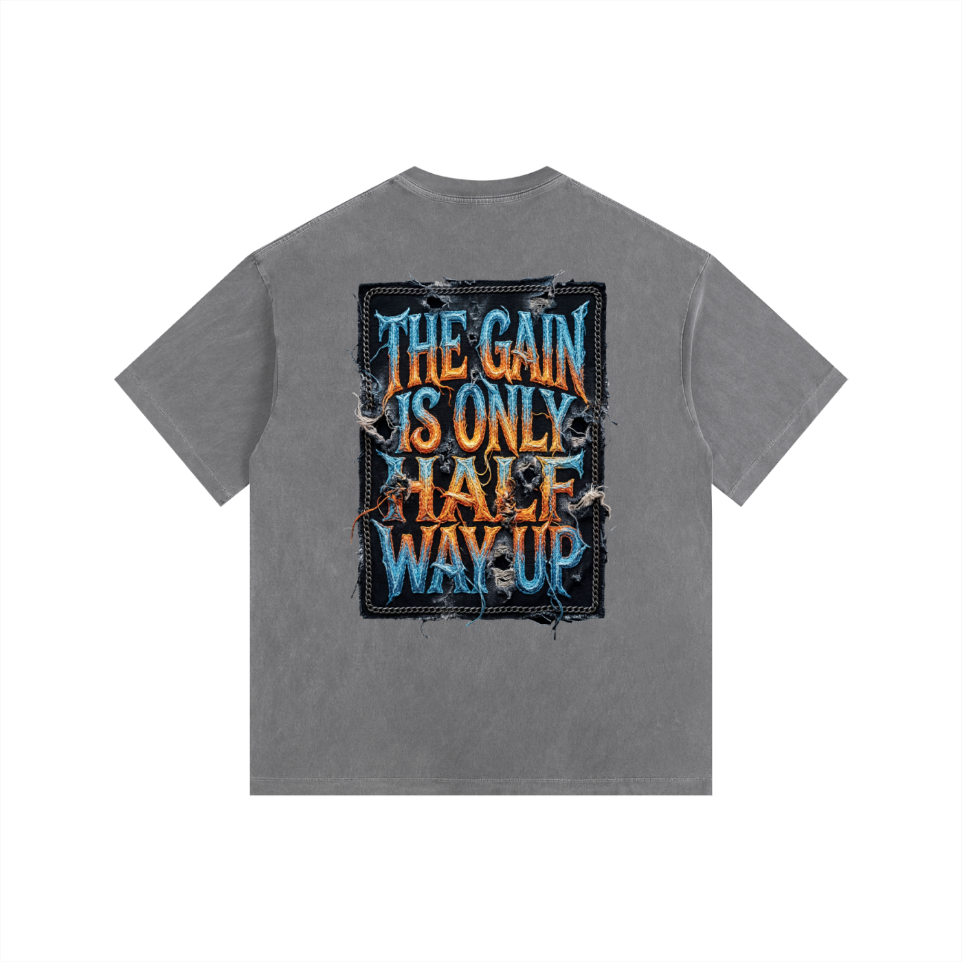 Gray t-shirt with colorful text design on a white background