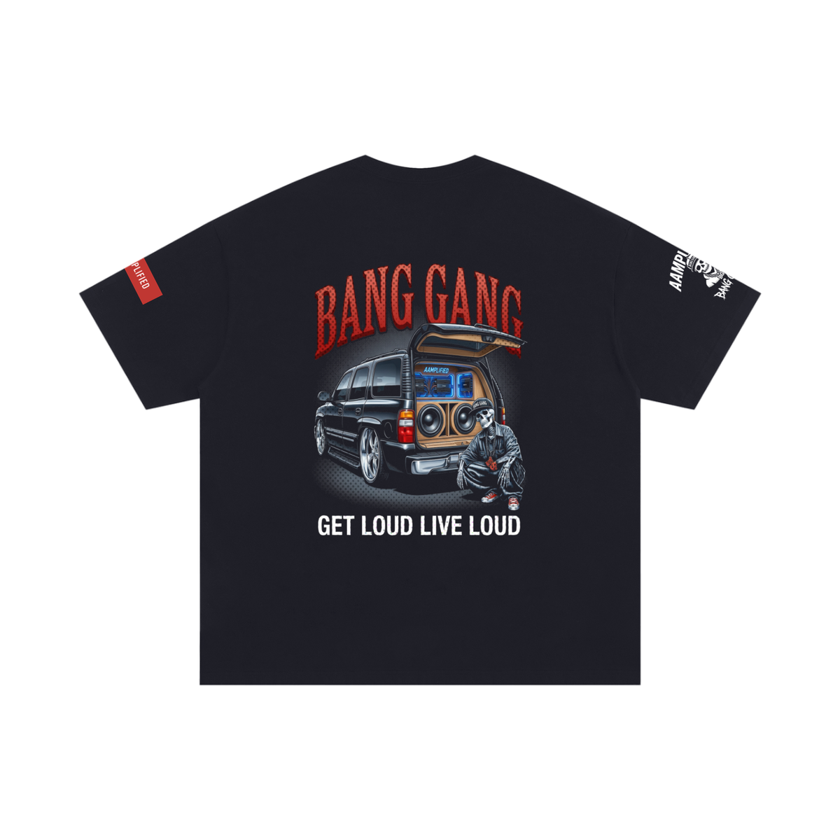 Black t-shirt with 'Bang Gang' graphic design featuring a car and text on a white background