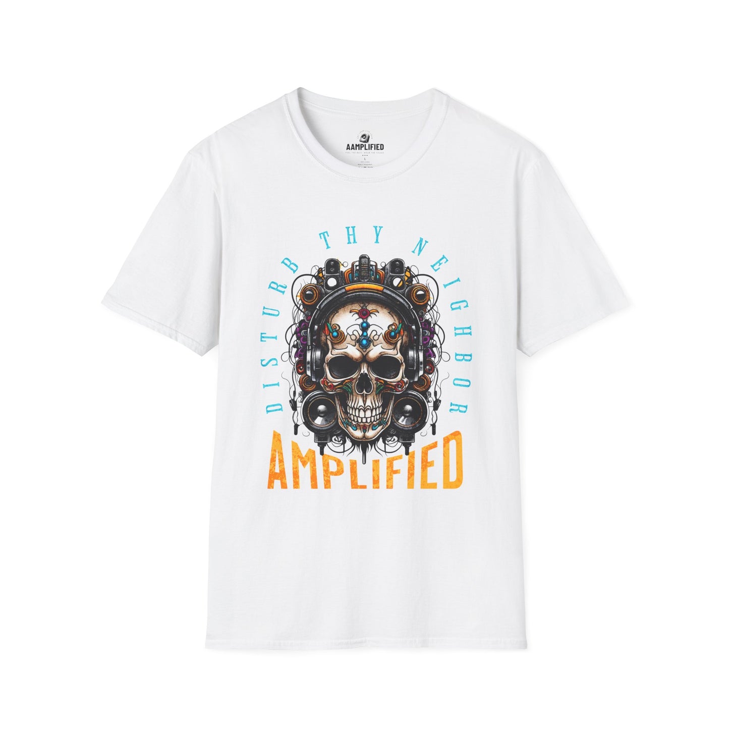 aamplified skull graphic t-shirt for music lovers - "disturb thy neighbor"