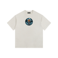 Beige t-shirt with a graphic design on a white background
