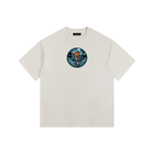 Beige t-shirt with a graphic design on a white background