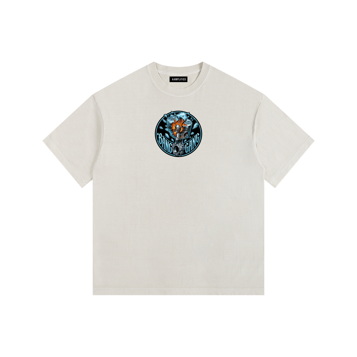 Beige t-shirt with a graphic design on a white background