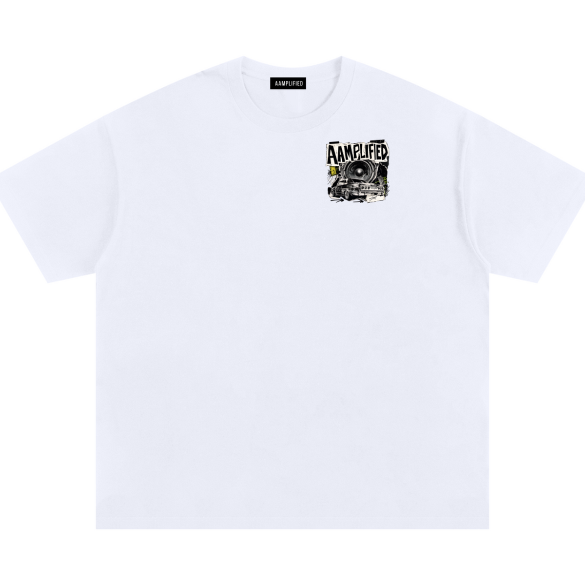 A white short-sleeve crewneck t-shirt with a small black and white graphic print on the left chest, displayed flat against a solid white background.