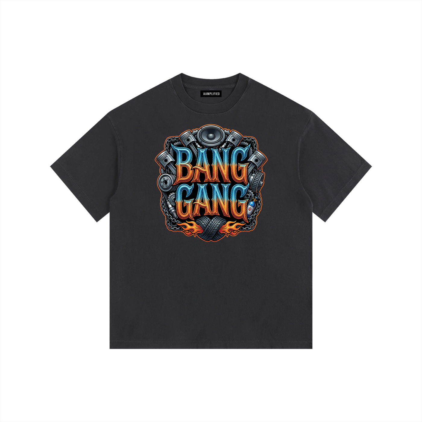Black t-shirt with 'Bang Gang' graphic design on a white background