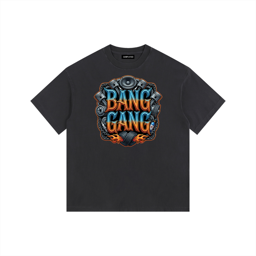 Black t-shirt with 'Bang Gang' graphic design on a white background