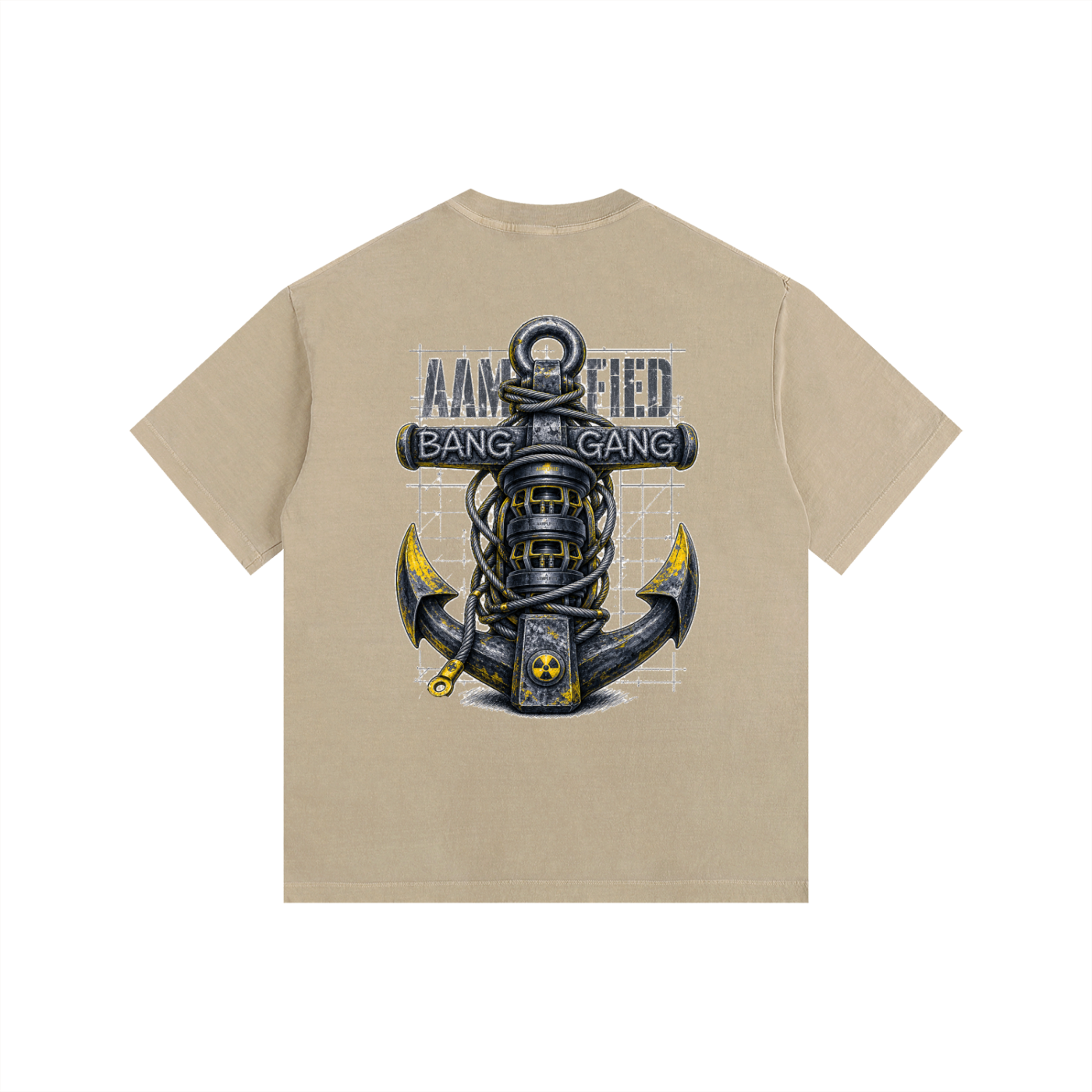 Beige t-shirt with an anchor graphic and text on a white background