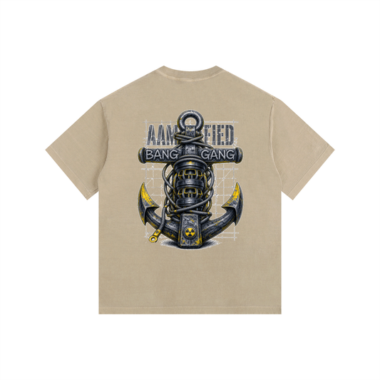 Beige t-shirt with an anchor graphic and text on a white background