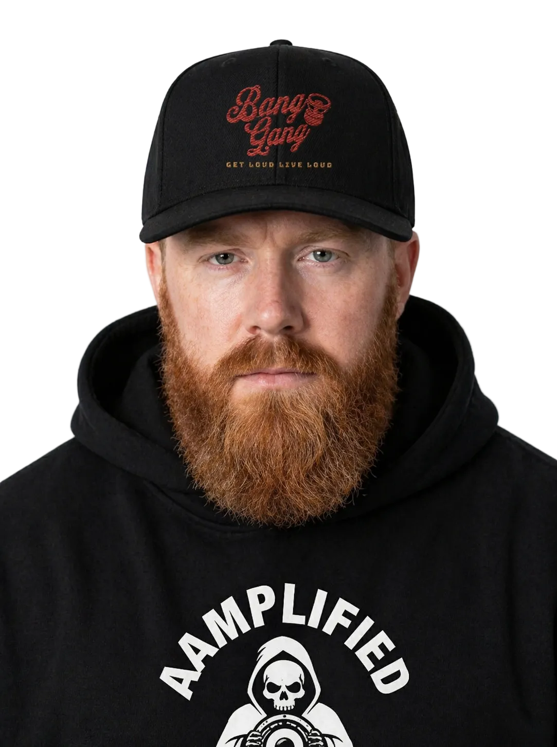 Man wearing a black cap with red text and a black hoodie with white text and graphic.
