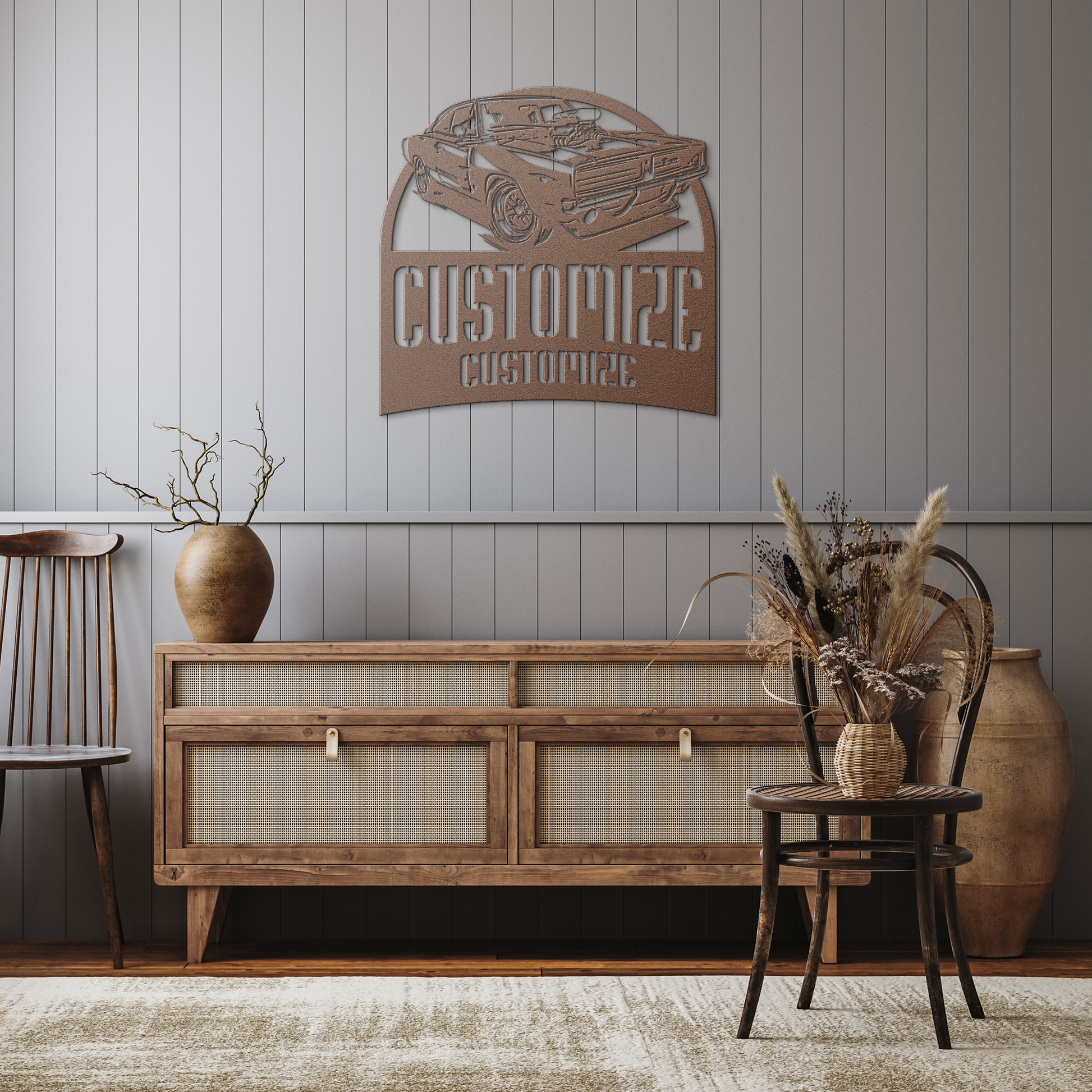 Customizable_Muscle_Car_Metal_Print_Copper_Rustic_Hallway_Mockup.png