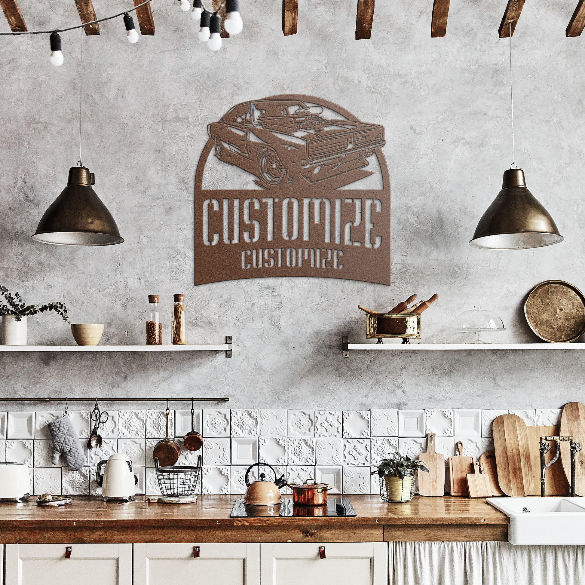 Customizable_Muscle_Car_Metal_Print_Copper_Rustic_Kitchen_Mockup.png