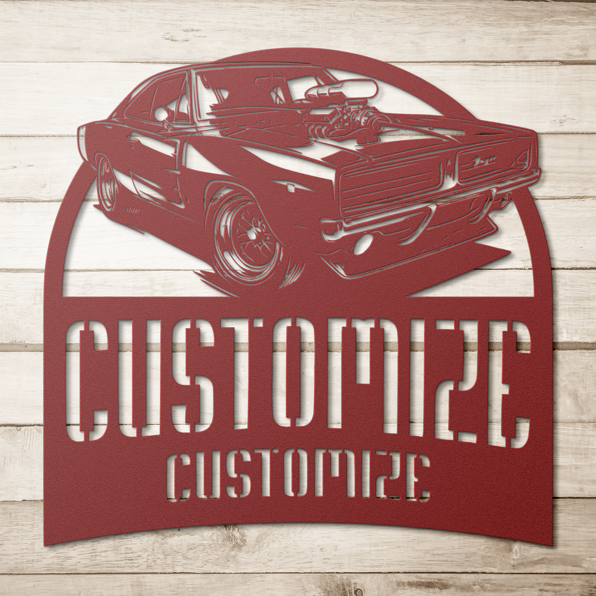 Customizable_Muscle_Car_Metal_Print_Red_Simple_Wood_BKGD_Mockup.png