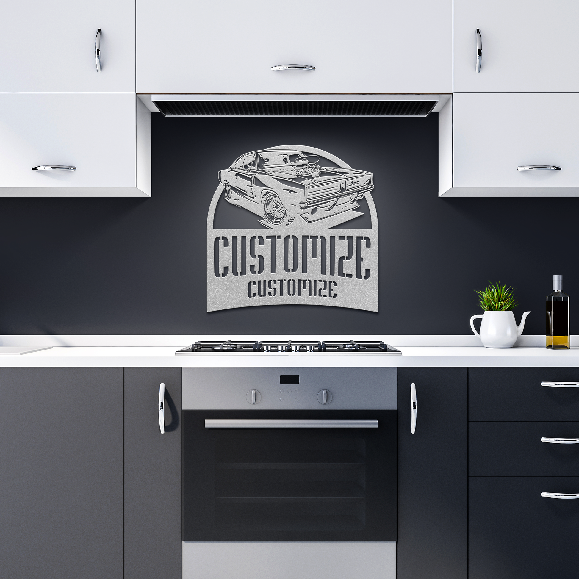 Customizable_Muscle_Car_Metal_Print_Silver_Dark_Kitchen_Mockup.png