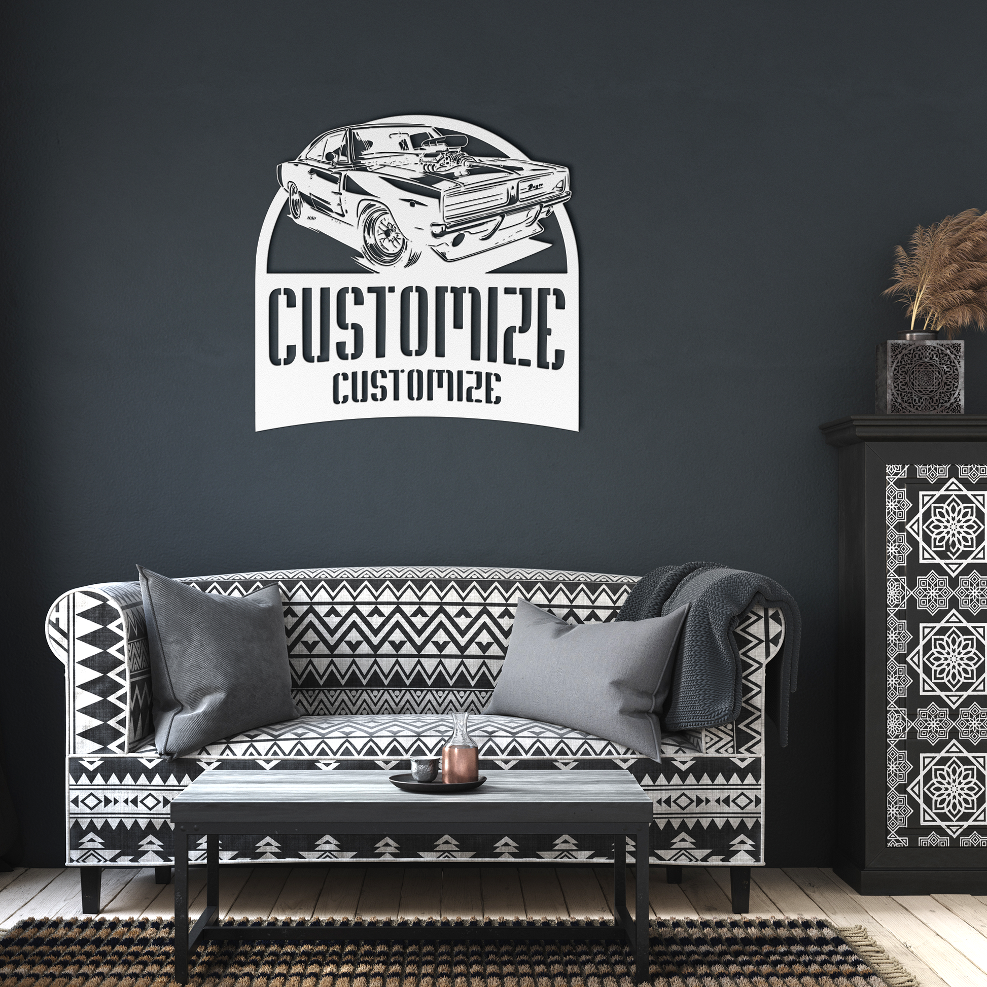 Customizable_Muscle_Car_Metal_Print_White_Dark_Living_Room_Mockup.png