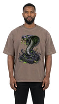 Man wearing a brown t-shirt with a snake graphic on a white background