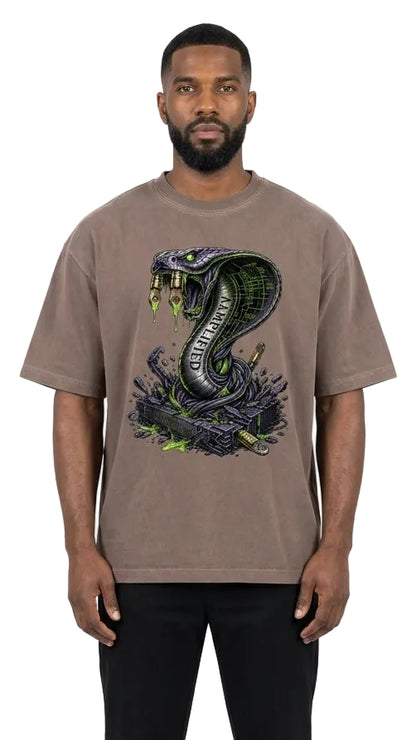 Man wearing a brown t-shirt with a snake graphic on a white background
