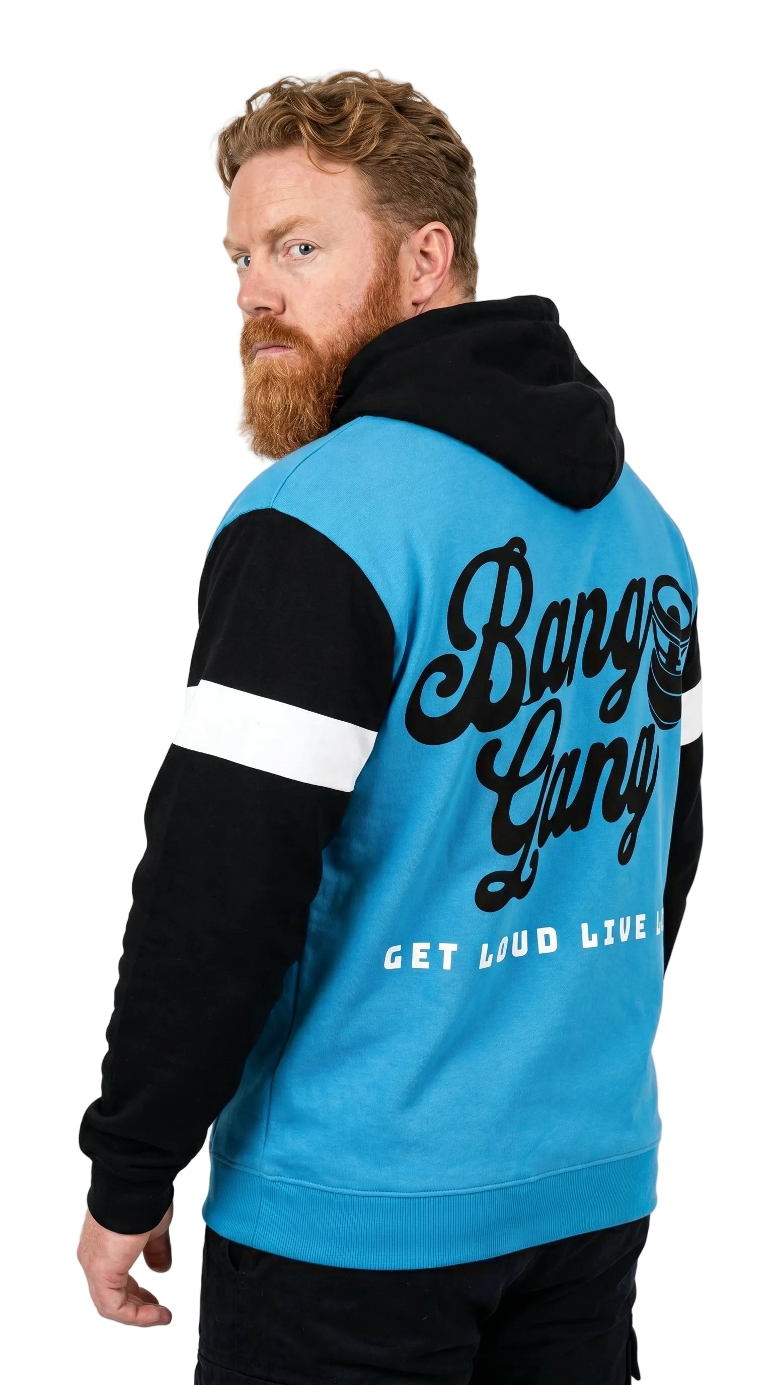 Man wearing a blue and black hoodie with 'Bang Gang' text on the back against a white background