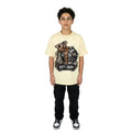 Person wearing a beige t-shirt with a graphic design on a white background