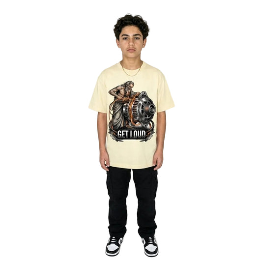 Person wearing a beige t-shirt with a graphic design on a white background