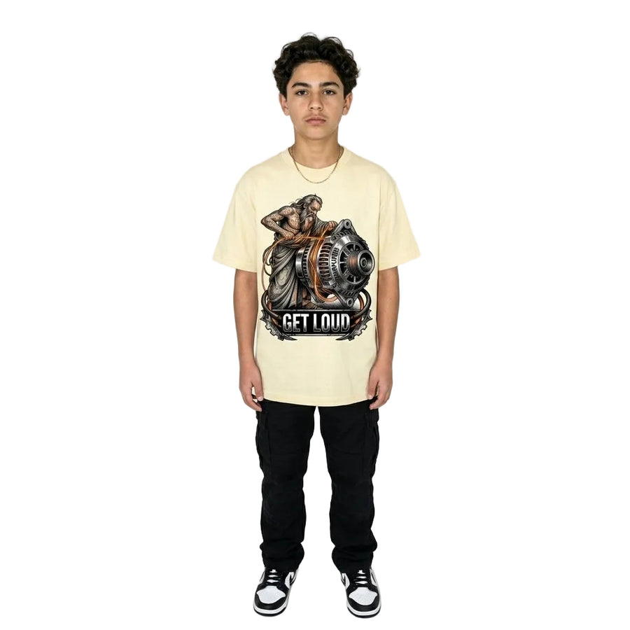Person wearing a beige t-shirt with a graphic design on a white background