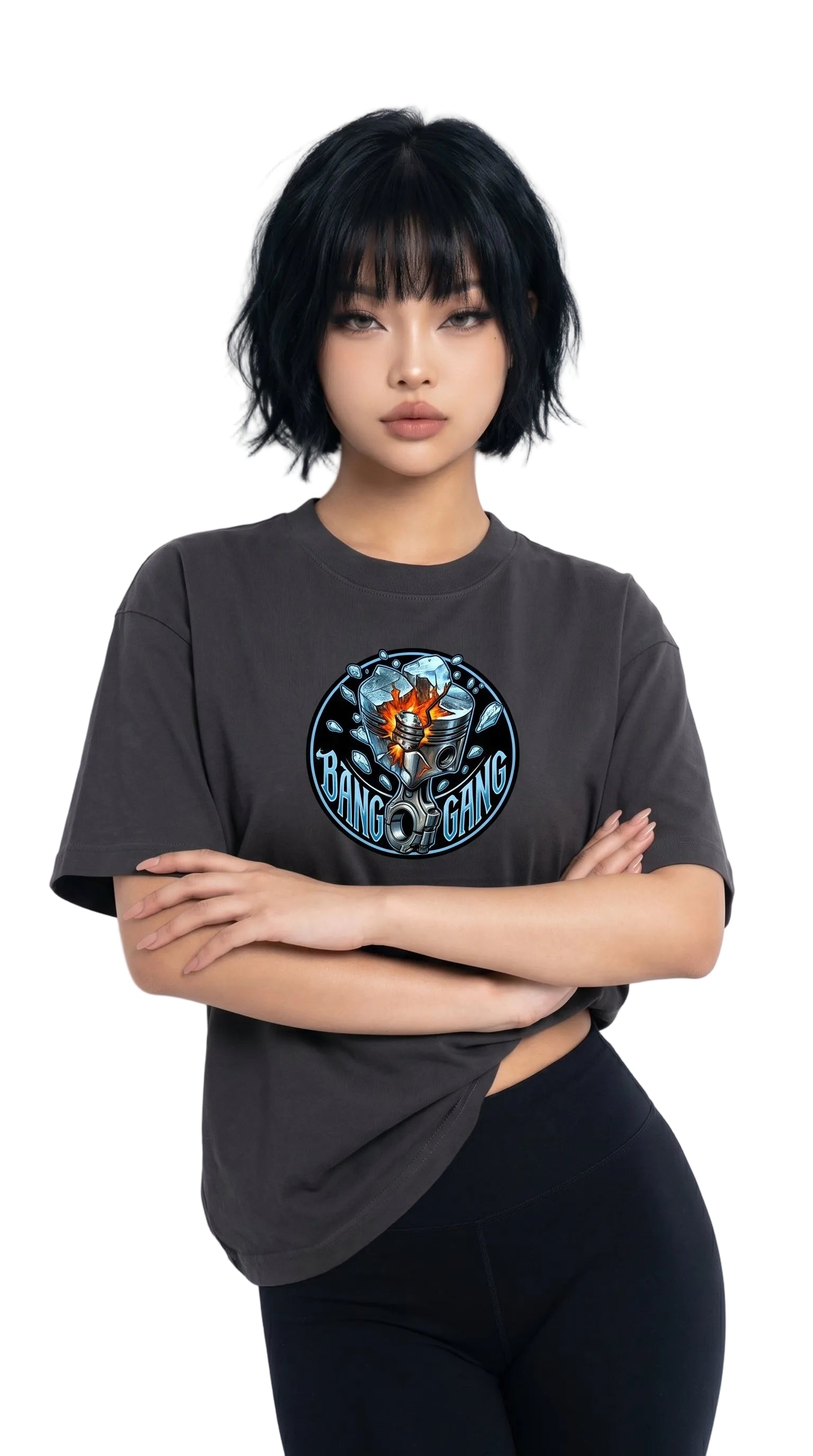 Person wearing a dark gray t-shirt with a graphic design on a white background