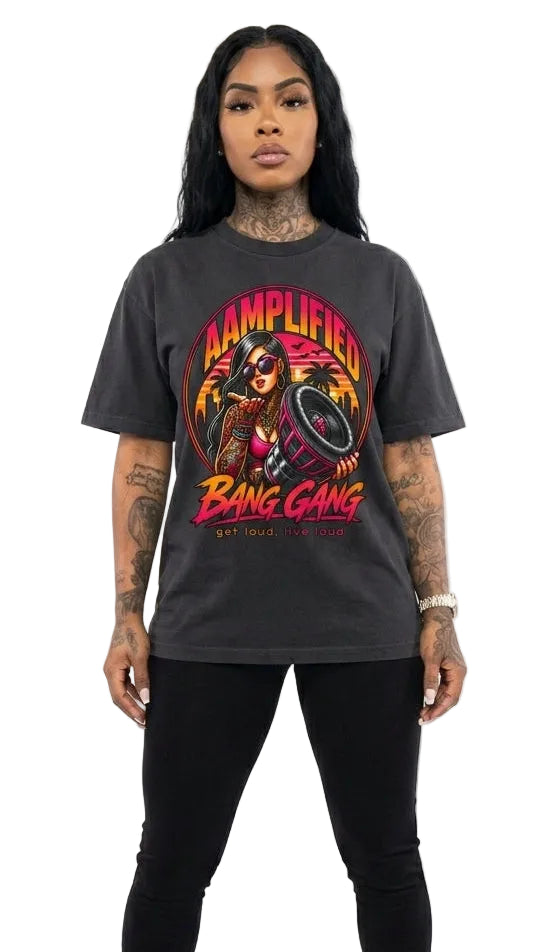 Person wearing a black graphic t-shirt with colorful design on a white background