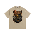 Beige t-shirt with 'Ground Loops' graphic design on a white background