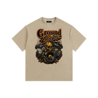 Beige t-shirt with 'Ground Loops' graphic design on a white background