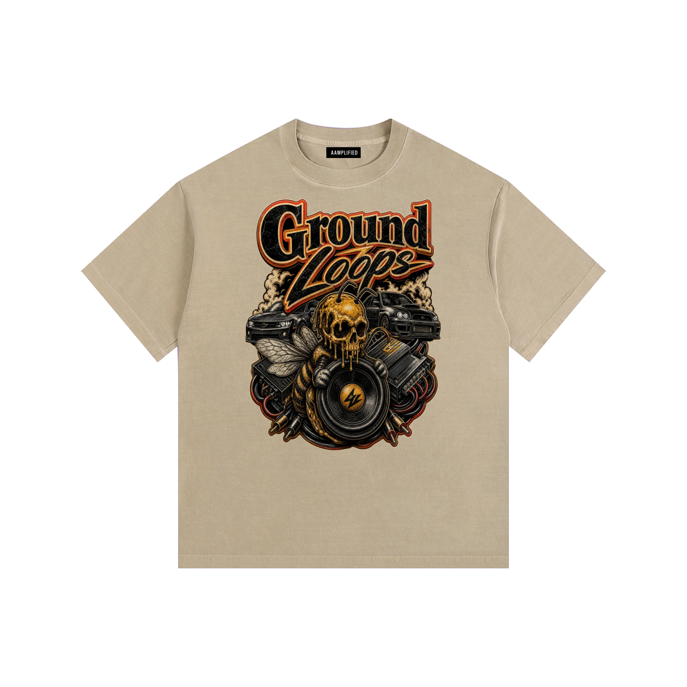 Beige t-shirt with 'Ground Loops' graphic design on a white background