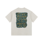 Beige t-shirt with text design on the back against a white background