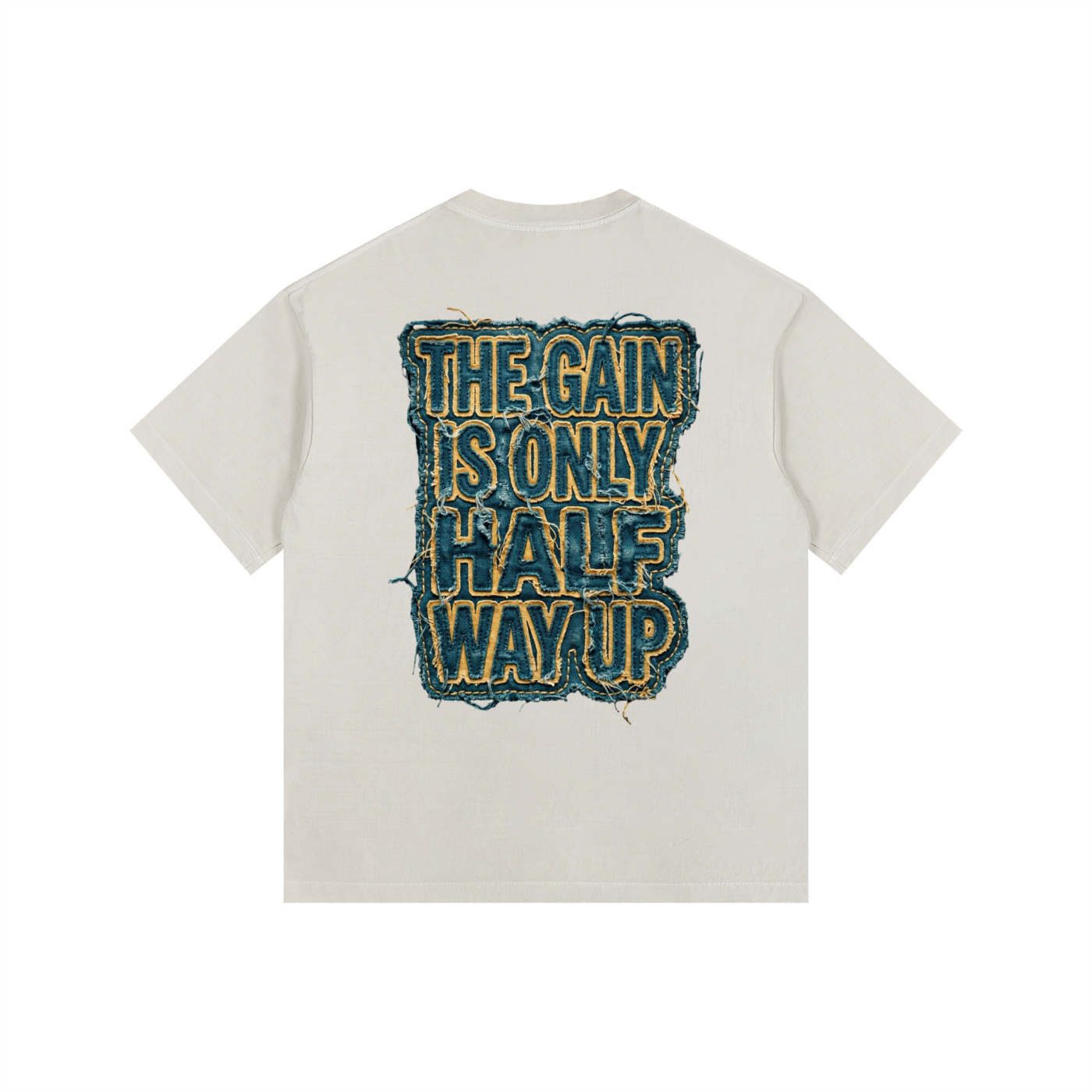 Beige t-shirt with text design on the back against a white background